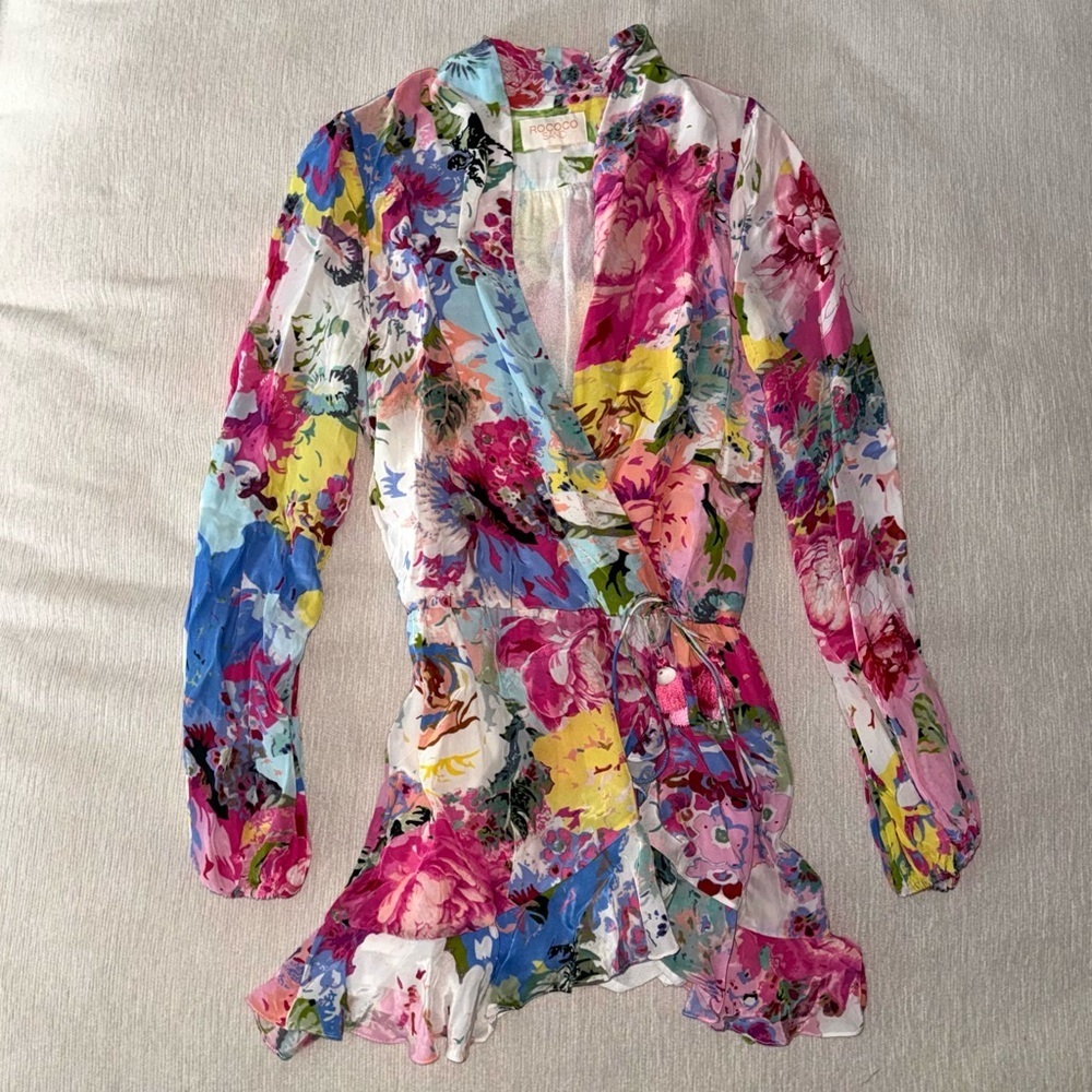 Rococo Sand Aster Pink Wrap Dress Floral Soft Small Mini Long Sleeve Multi - Picture 2 of 5